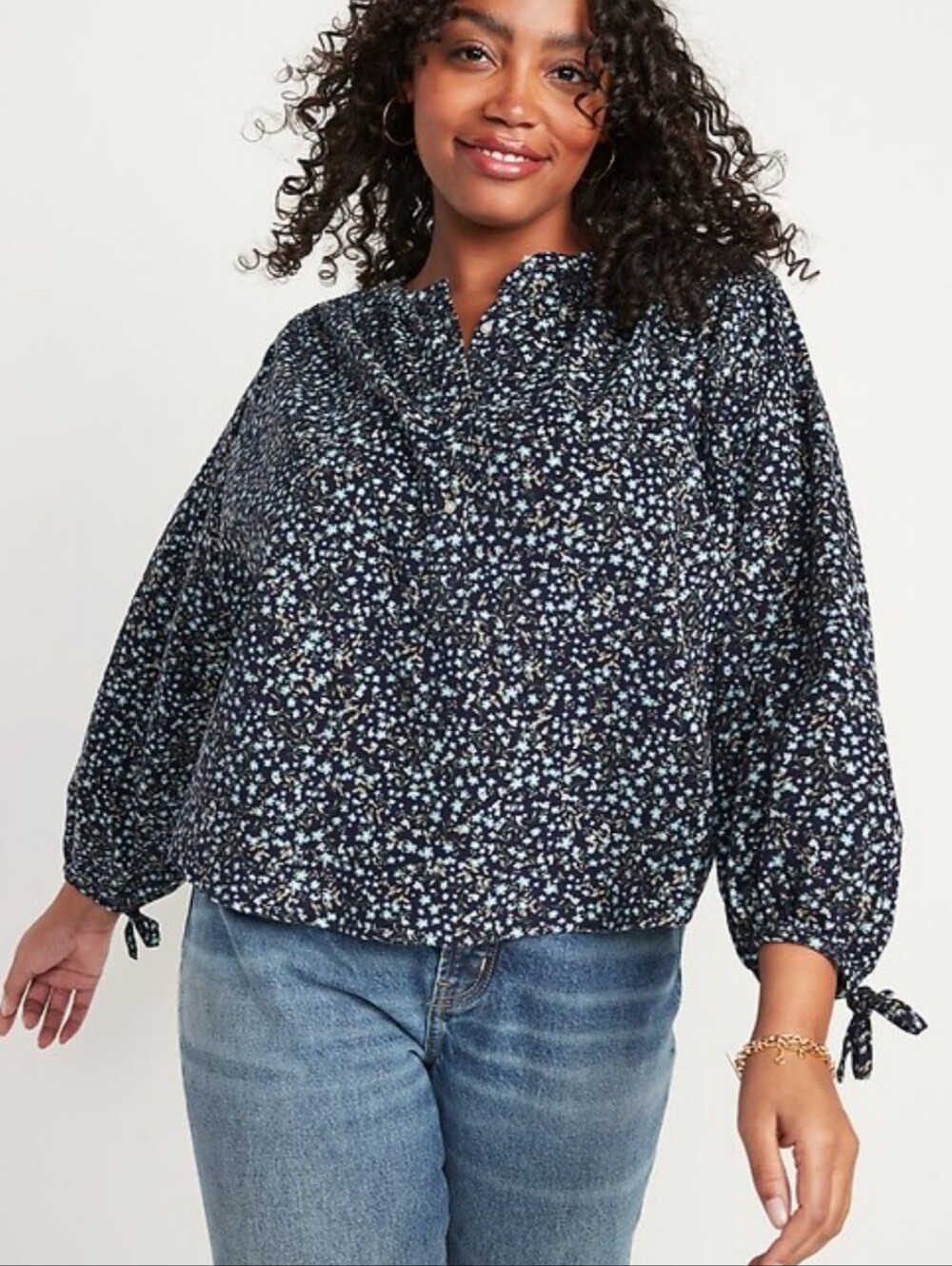 Old Navy Balloon Sleeve Cord Blouse In Navy Floral Print Size 4X